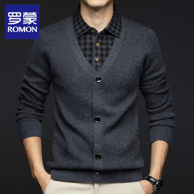 罗蒙秋冬新款翻领假两件针织衫男