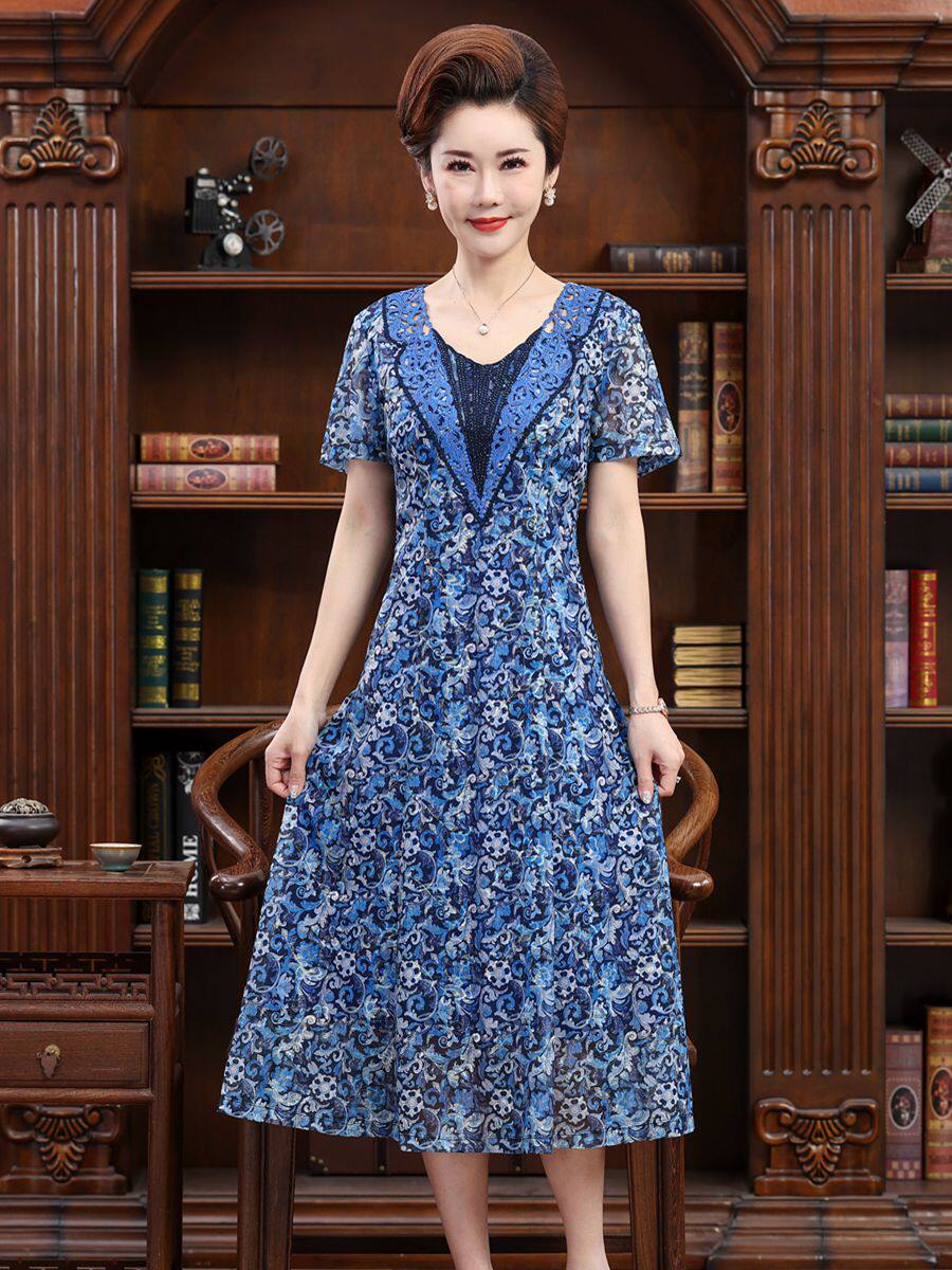 碧阳2023夏季新款高端气质显瘦阔太太长裙女装优雅蓝色短袖连衣裙