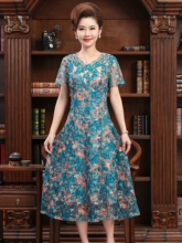 碧阳品牌2023夏季女气质典雅绣花蕾丝连衣裙贵夫人遮肚减龄A字裙
