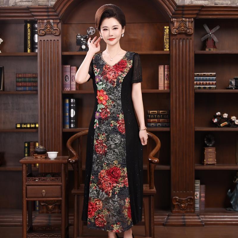 碧阳黑色印花连衣裙女夏季新款时尚短袖中年妈妈减龄显瘦礼服长裙