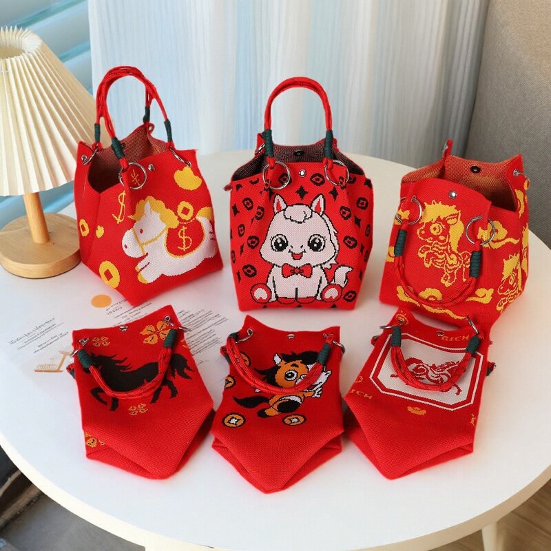 新年喜庆针织手提包大容量水桶包