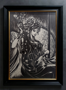 王者荣耀木刻版画实木板手工雕刻国风古风装饰画高档简约黑白木刻