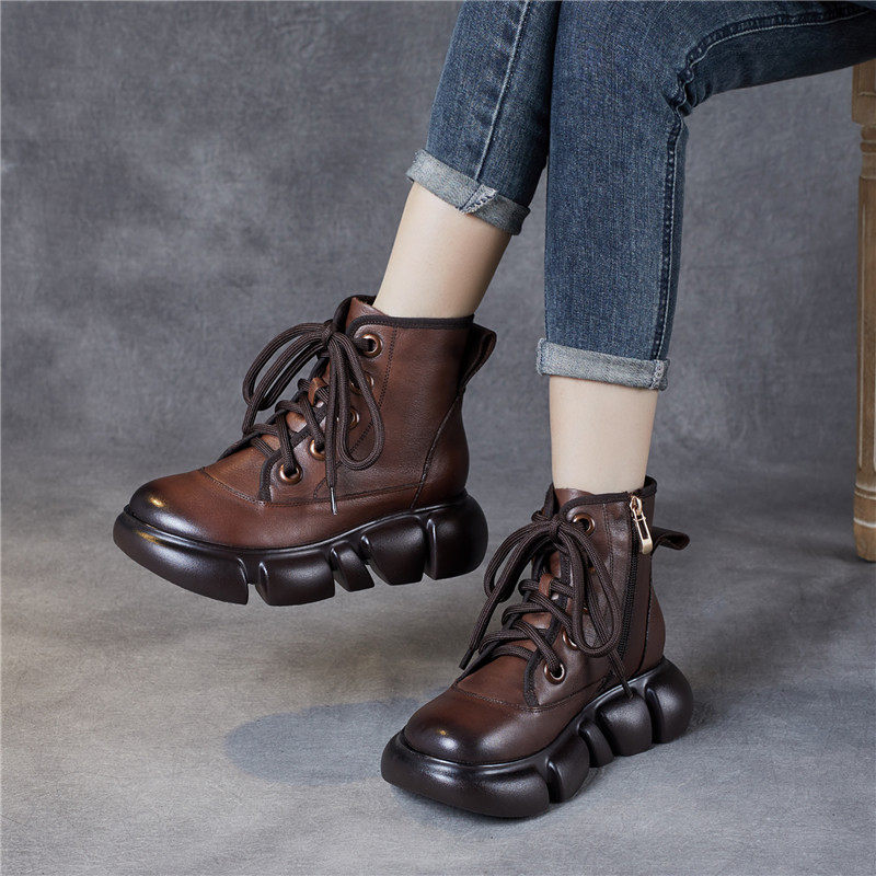 2025秋冬新款头层牛皮厚底系带马丁靴女复古加绒短靴休闲棉靴子