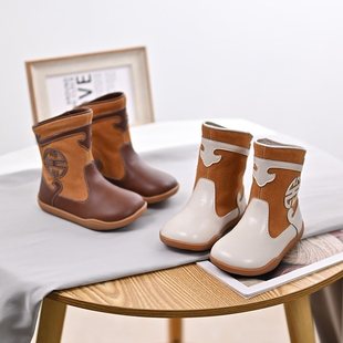 儿童西部牛仔蒙古靴民族风百搭皮靴女童真皮马丁靴加绒中筒靴子冬