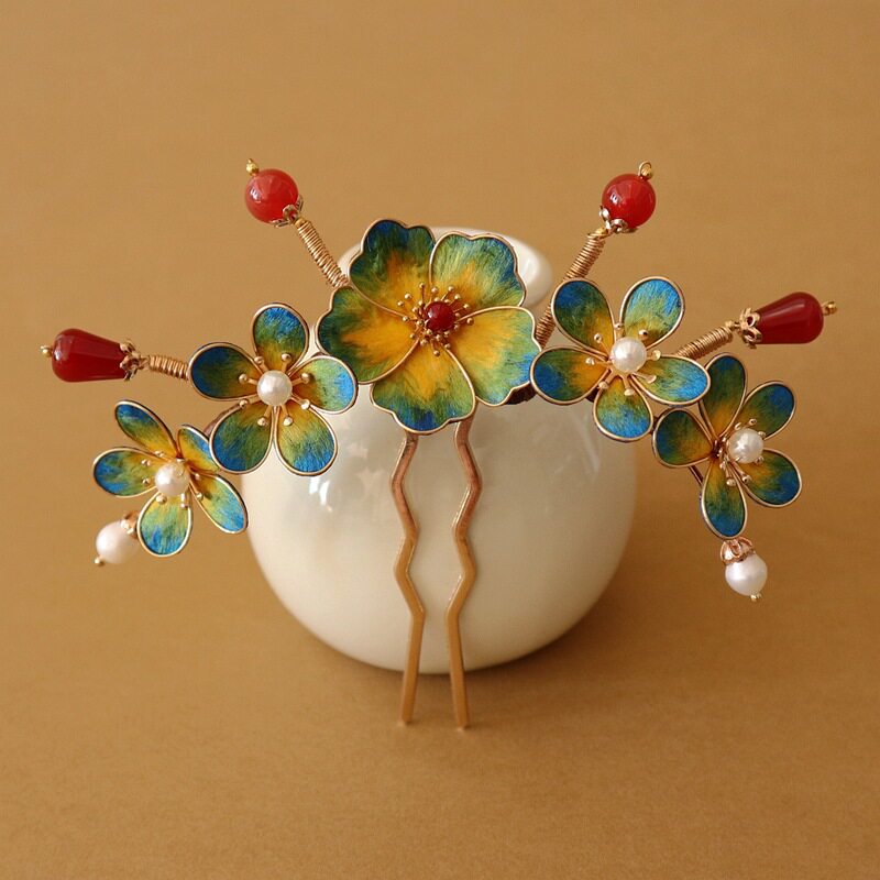 非遗绒花发钗倒插古风花色花朵盘发发饰汉服后压头饰压鬓簪子发钗