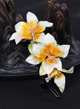 现货新款纯手工非遗绒花发抓古风汉服花丝水仙花发饰头饰温柔百搭