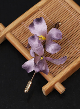 国风新款手工非遗绒花胸针古风汉服深紫色兰花配饰复古小礼物