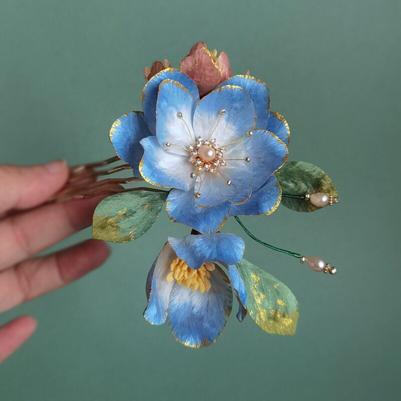 非遗手工绒花双色蚕丝发钗牡丹发梳汉服簪花头饰插梳古风宫廷头饰