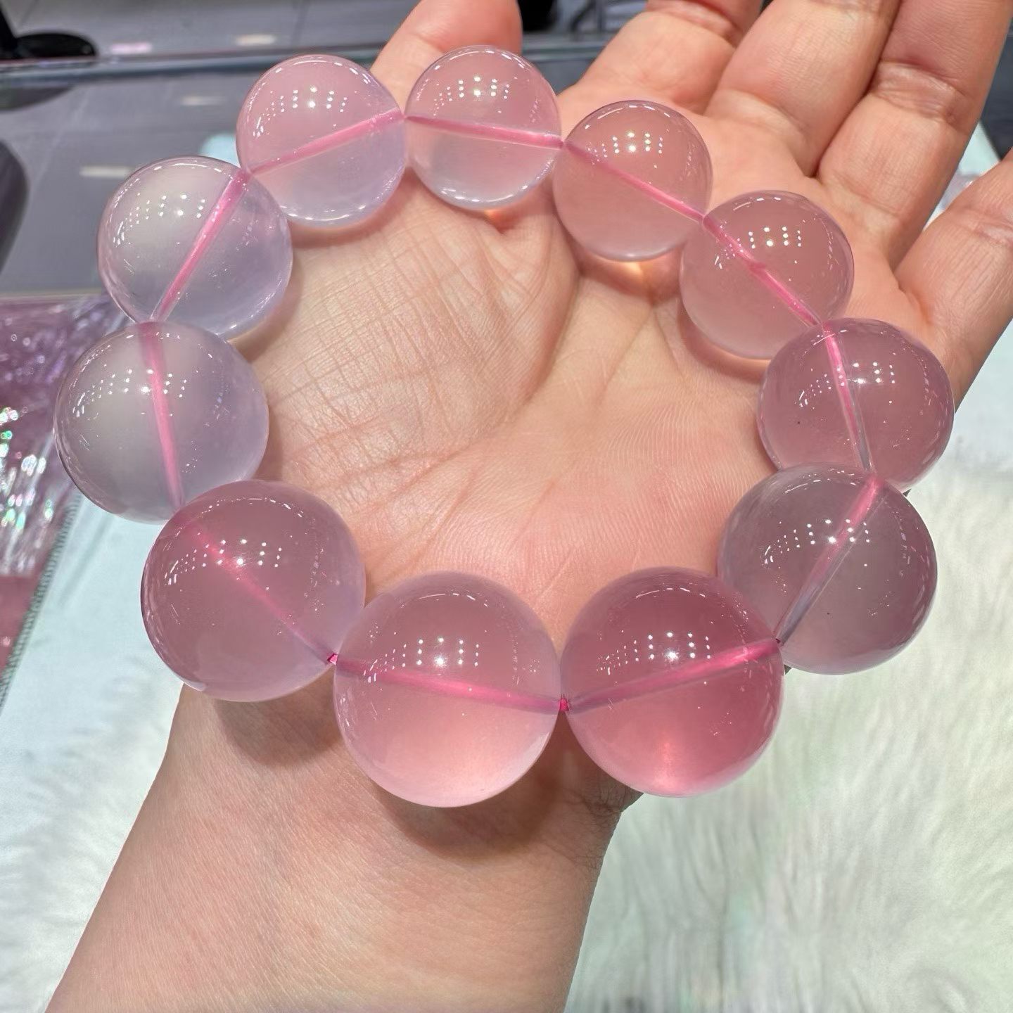 天然粉水晶手链女款单圈粉晶手串送女友闺蜜生日礼物大珠全净体