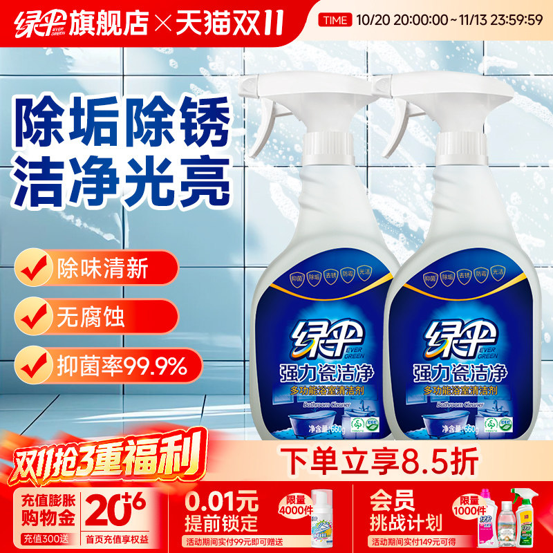 绿伞瓷洁净瓷砖清洁剂卫生间地板砖清洁2瓶家用厕所玻璃去污除垢
