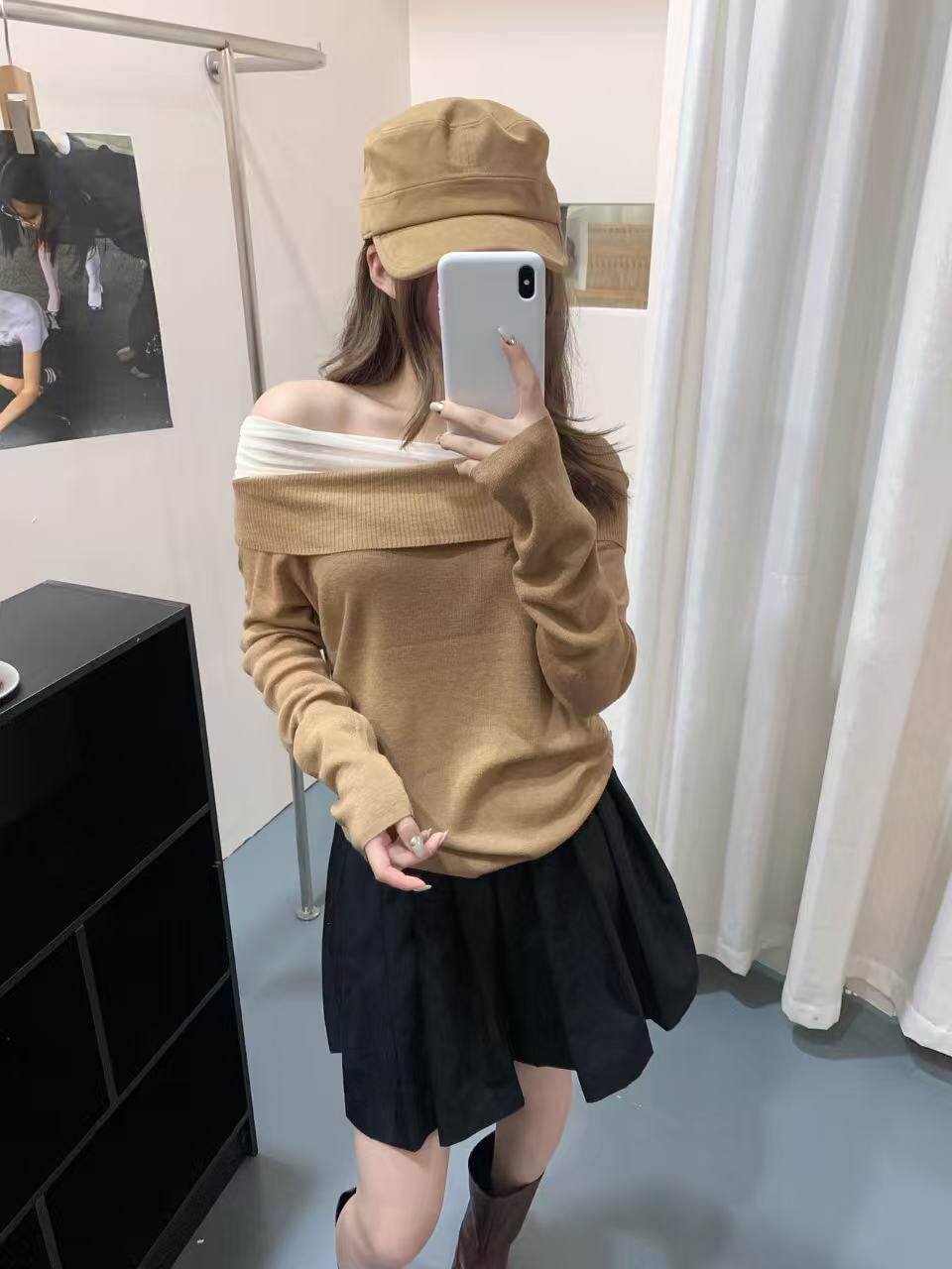 韩版温柔风咖色网纱拼接长袖T恤女早秋新款设计感羊毛上衣