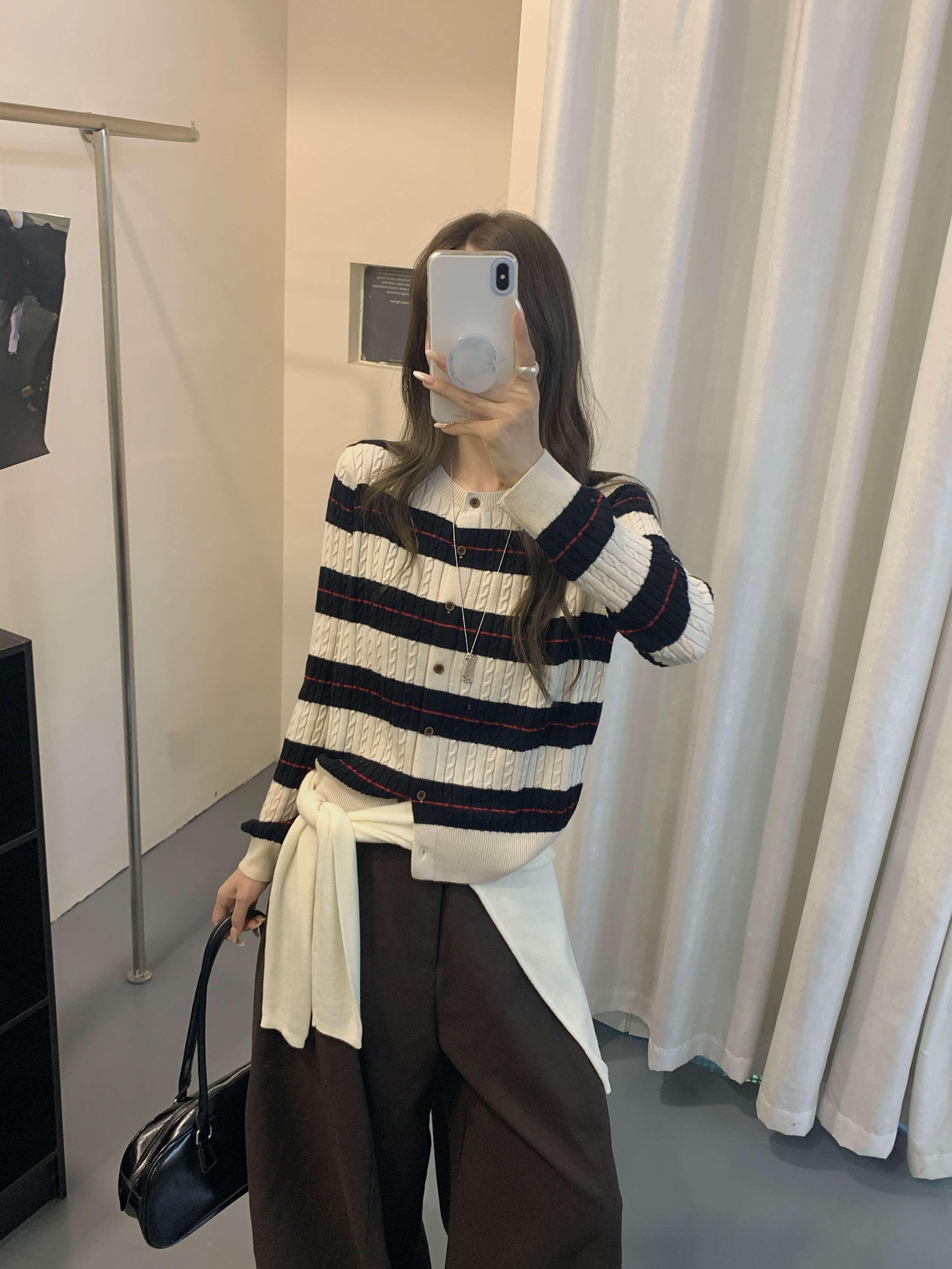 撞色条纹绞花针织开衫女绵羊毛秋款圆领叠穿单排扣宽松毛衣外套