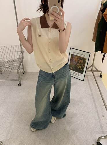 韩版撞色Polo领单排扣设计无袖短款针织开衫马甲女夏季翻领上衣潮