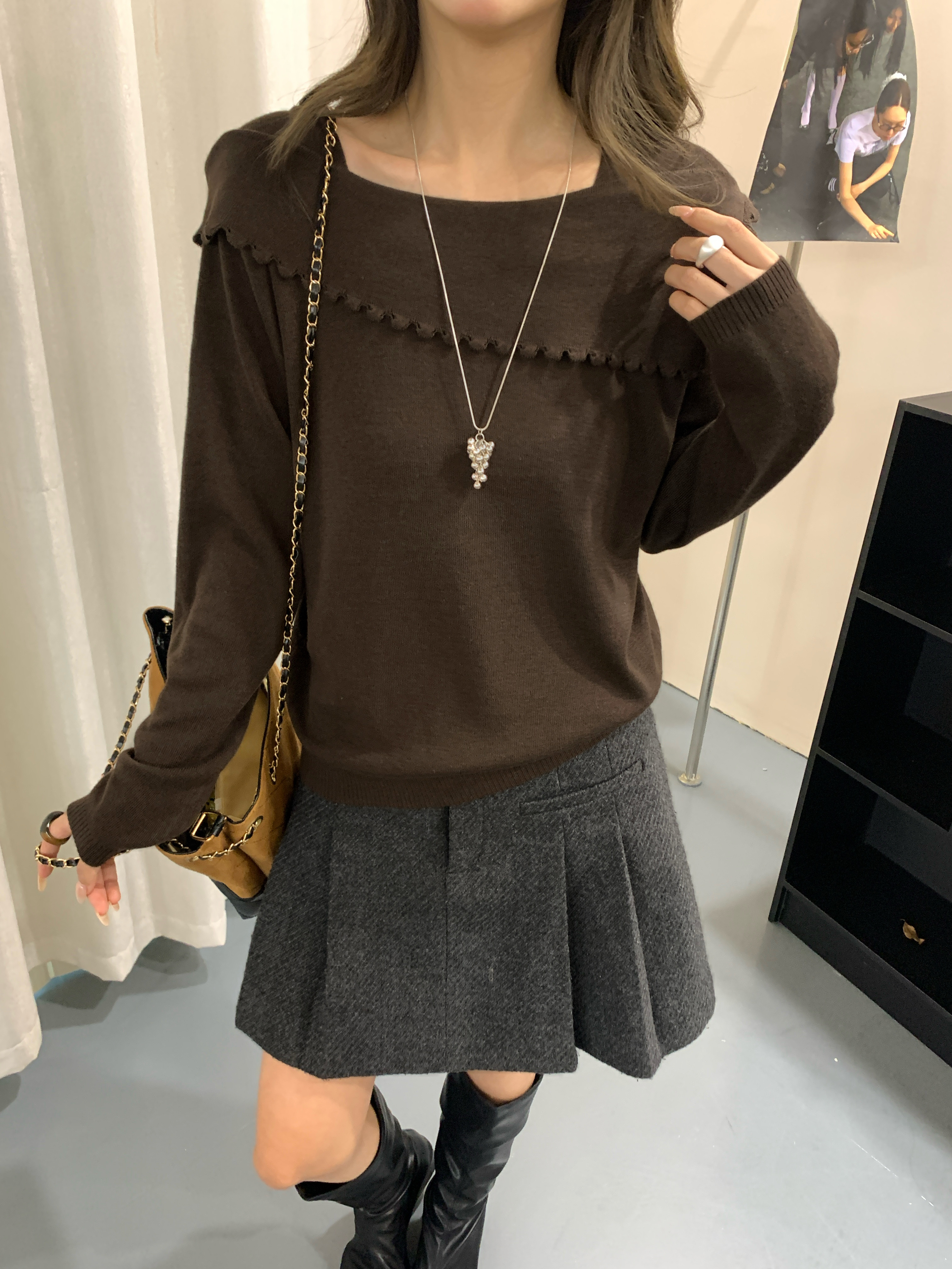一字领翻边细羊毛针织衫女欧洲站2026早秋新款欧货女装打底毛衣潮