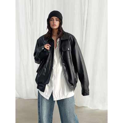 美式复古宽松高级感pu皮夹克外套