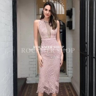 欧美性感深V领透视蕾丝网纱连衣裙名媛气质晚宴年会绷带小礼服女