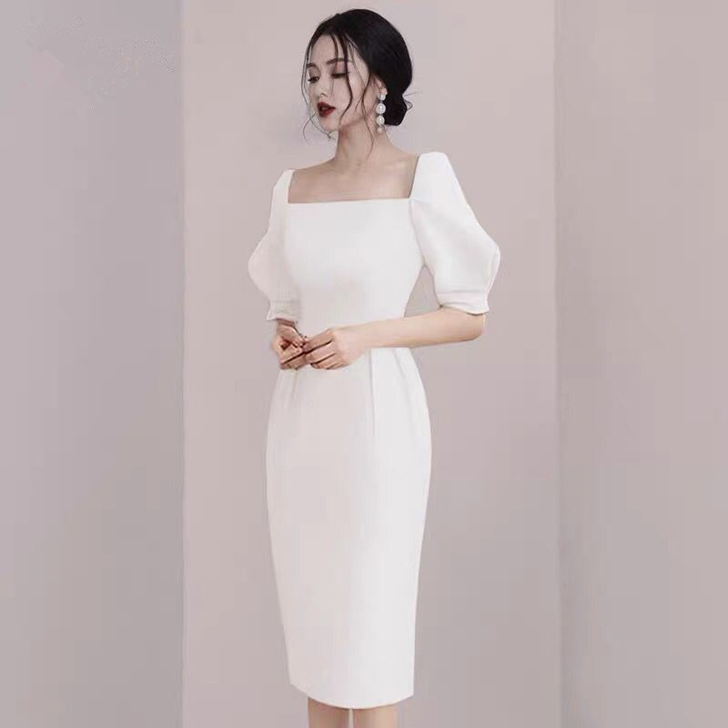 白色礼服女方领修身显瘦收腰晚宴会生日party名媛气质法式连衣裙