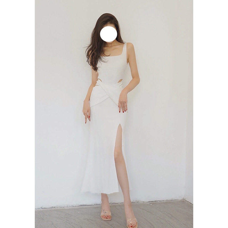 法式性感吊带露肩背白色礼服女轻奢小众高端级名媛气质收腰连衣裙