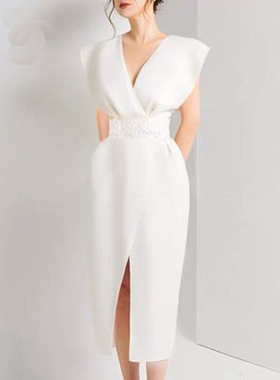 欧美性感V领白色礼服轻奢小众高端级气质名媛晚宴年会收腰连衣裙