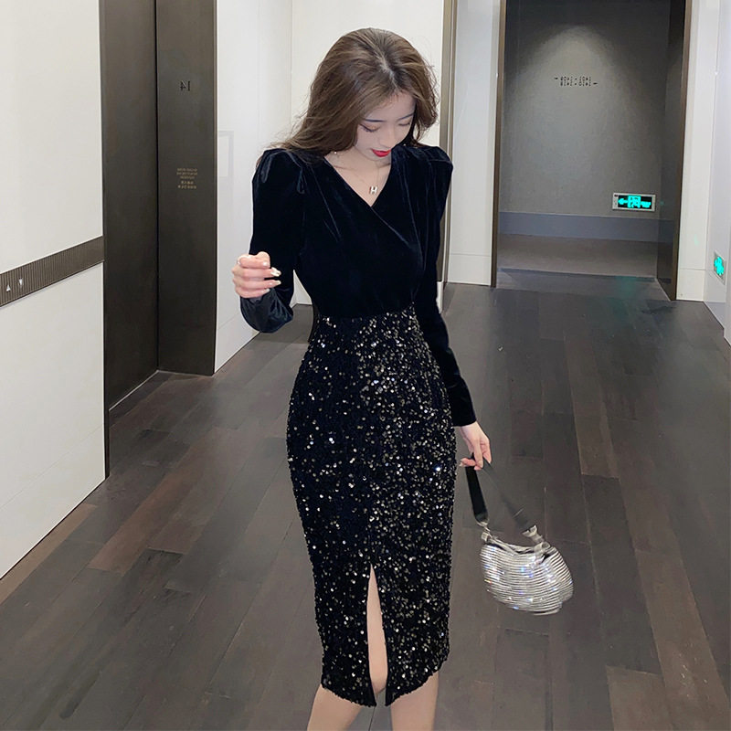 欧美性感V领丝绒黑色礼服轻奢小众高端级名媛气质显瘦亮片连衣裙