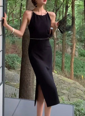 黑色吊带礼服女轻奢小众高端级感显瘦收腰包臀气质欧美开叉连衣裙