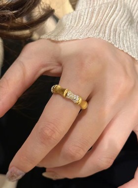 欧美中古925纯银拉丝轻奢小众高端级设计感气质名媛碳钻竹节戒指