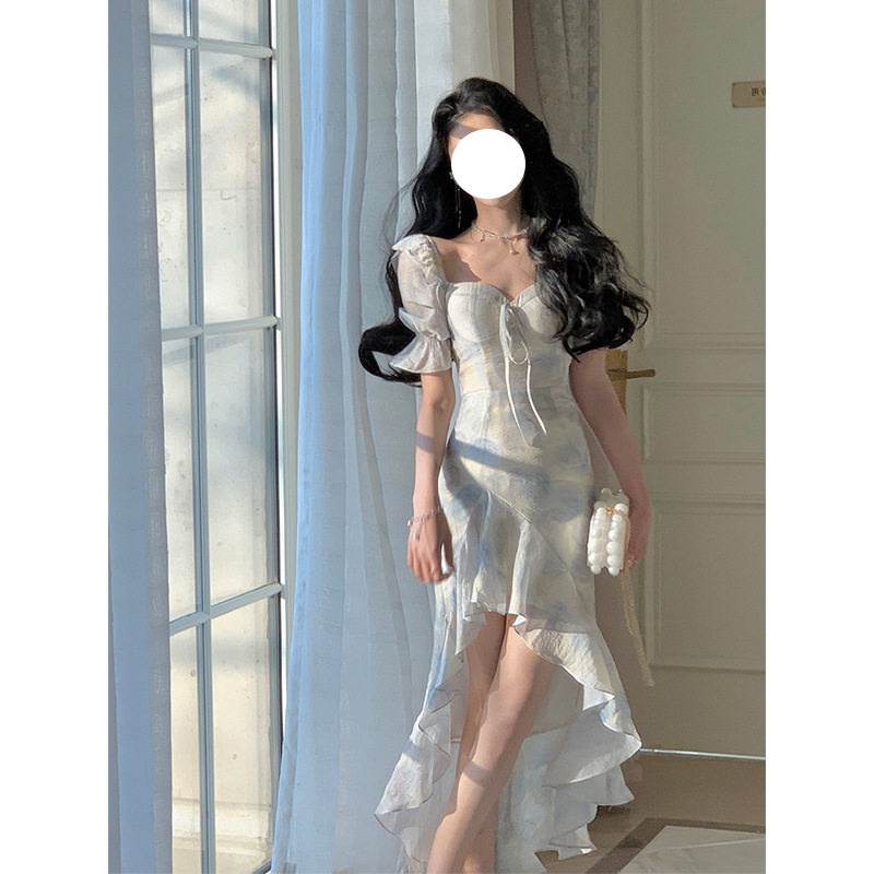 法式性感茶歇碎花礼服女轻奢小众高端级名媛气质不规则鱼尾连衣裙
