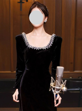 欧美复古赫本风镶钻礼服轻奢小众高端级感晚宴年会气质名媛连衣裙