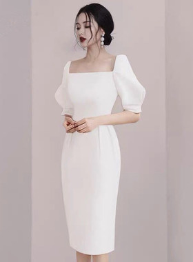 白色礼服女轻奢小众高端级感气质名媛晚宴年会平时可穿欧美连衣裙