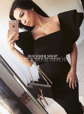 欧美复古方领名媛气质晚宴会修身显瘦木耳荷叶边连衣裙绷带小礼服