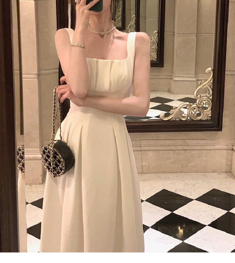 法式性感吊带露肩背方领礼服女轻奢小众高端级名媛气质缎面连衣裙
