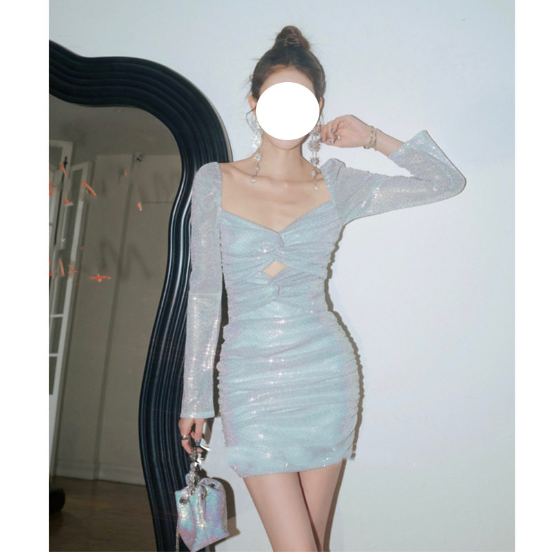 法式性感V领蓝色礼服轻奢小众高端级名媛气质显瘦包臀亮片连衣裙