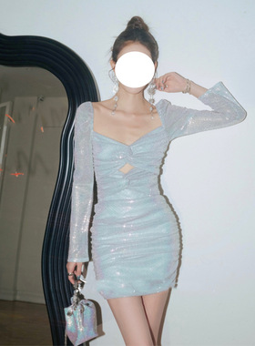 欧美性感V领蓝色礼服轻奢小众高端级名媛气质显瘦包臀亮片连衣裙