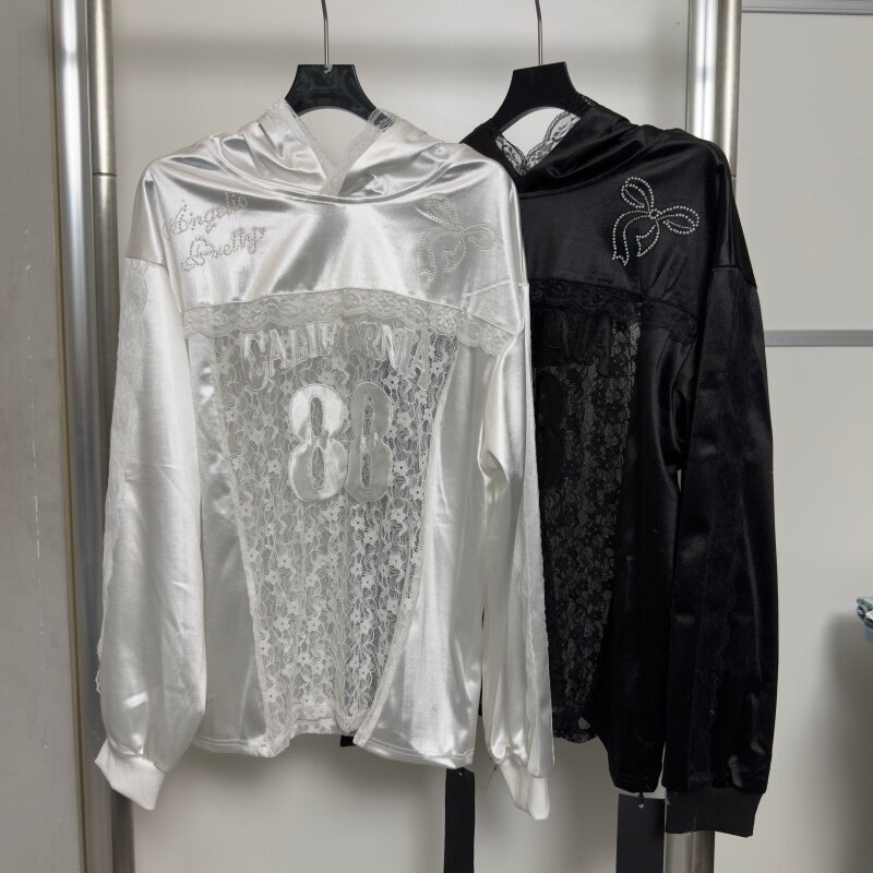 小众设计芭蕾风运动球衣T恤女长袖美式复古蕾丝拼接连帽上衣