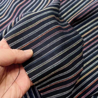 藏青色彩色竖条纹棉麻亚麻布料