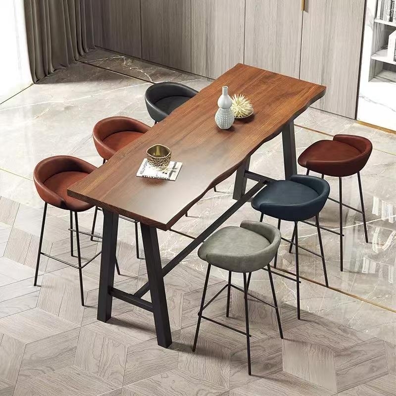 铁艺实木整板自然边复古桌创意休闲吧奶茶店靠墙长条高脚桌椅组合