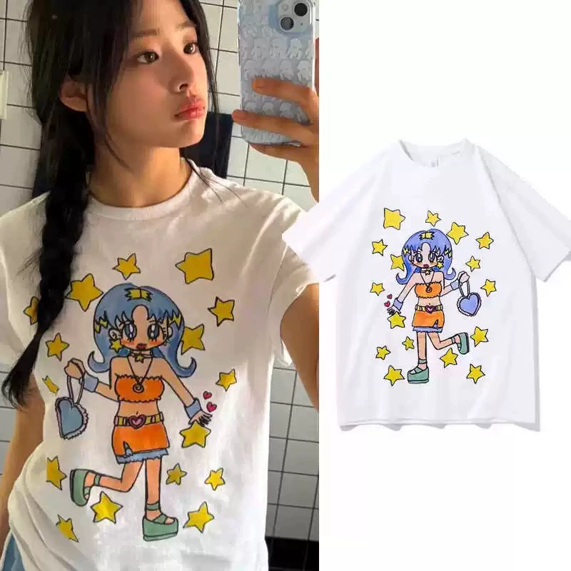 韩国代购 soulpusssycat卡通星星女孩短袖圆领T恤minji林小宅同款