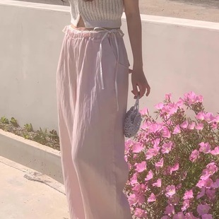 韩国代购Vegetable蝴蝶结阔腿直筒长裤拼接系带宽松休闲裤拖地裤