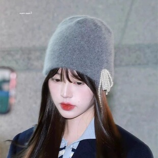 韩国代购Rolarola珍珠蝴蝶结针织帽保暖冷帽女 张元英同款帽子