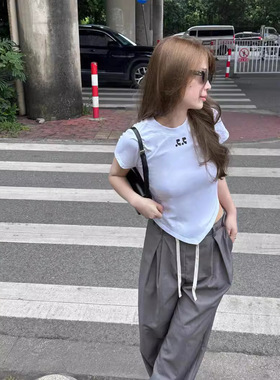 韩国小众潮牌RestAndRecreation印花RR不规则短袖辣妹修身短款T恤