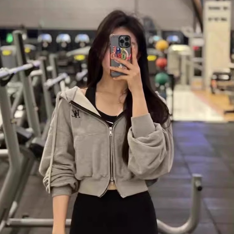 韩国代购wooalong双拉链连帽卫衣开衫毛圈刺绣短款外套