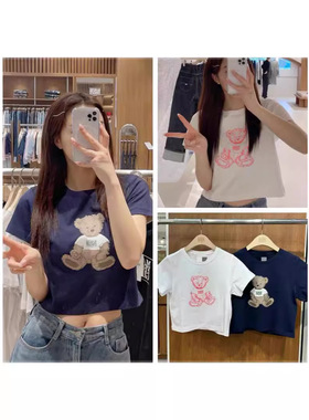 韩国代购marithe短袖小熊涂鸦印花圆领短款修身T恤夏季可爱女上衣