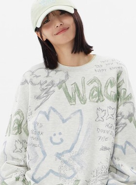 韩国代购Wacky willy小飞人圆领卫衣涂鸦满标线圈男女款上衣秋冬