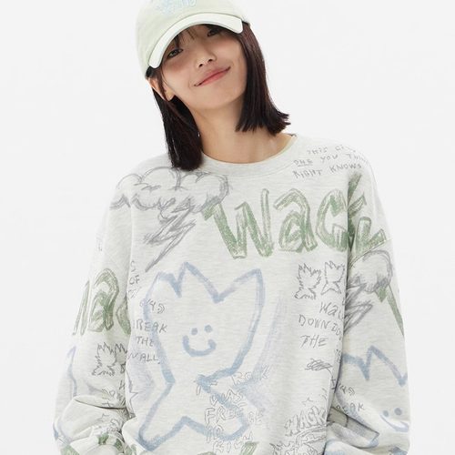 韩国代购Wacky willy小飞人圆领卫衣涂鸦满标线圈男女款上衣秋冬