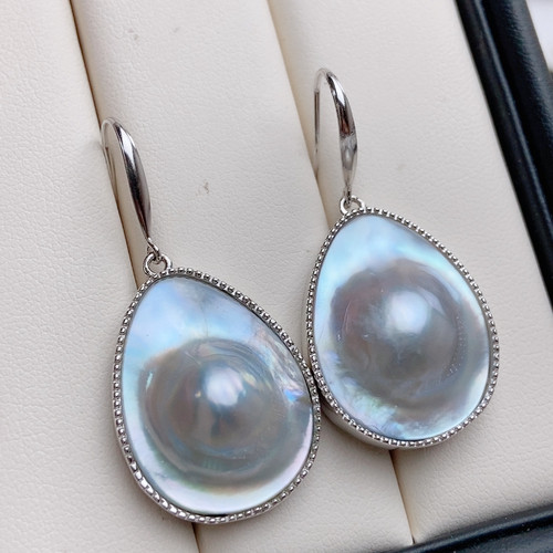 水滴海水马贝耳环，纯银