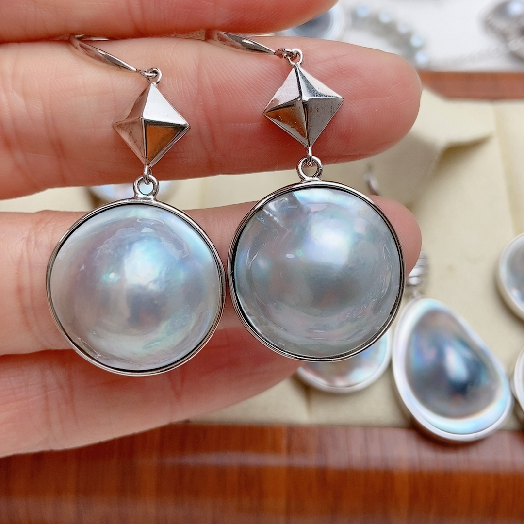 圆形海水马贝，纯银耳环，出口