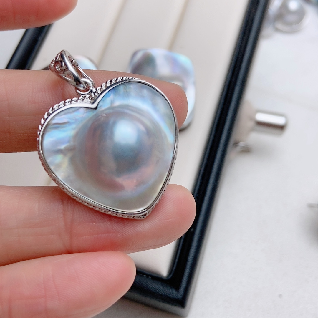 荷包蛋海水马贝吊坠，爱心，复古麻花，纯银