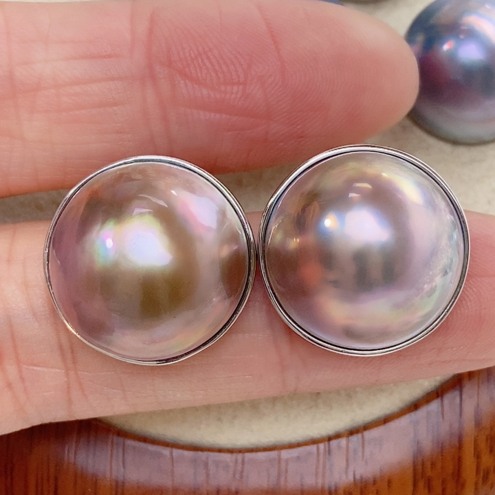 金咖色日本奄美岛海水马贝耳钉,纯银