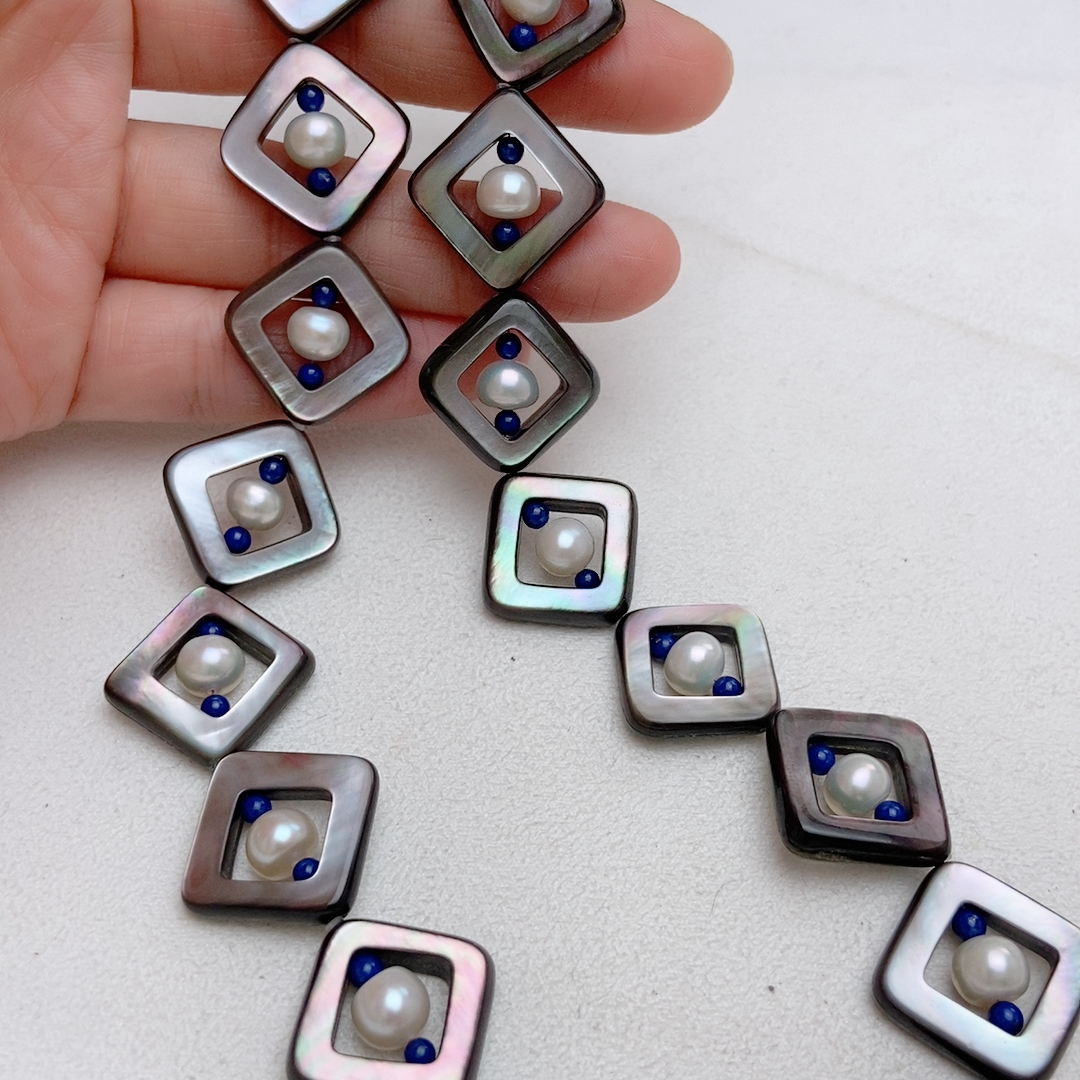 设计款，黑碟贝，天然珍珠，青金石项链