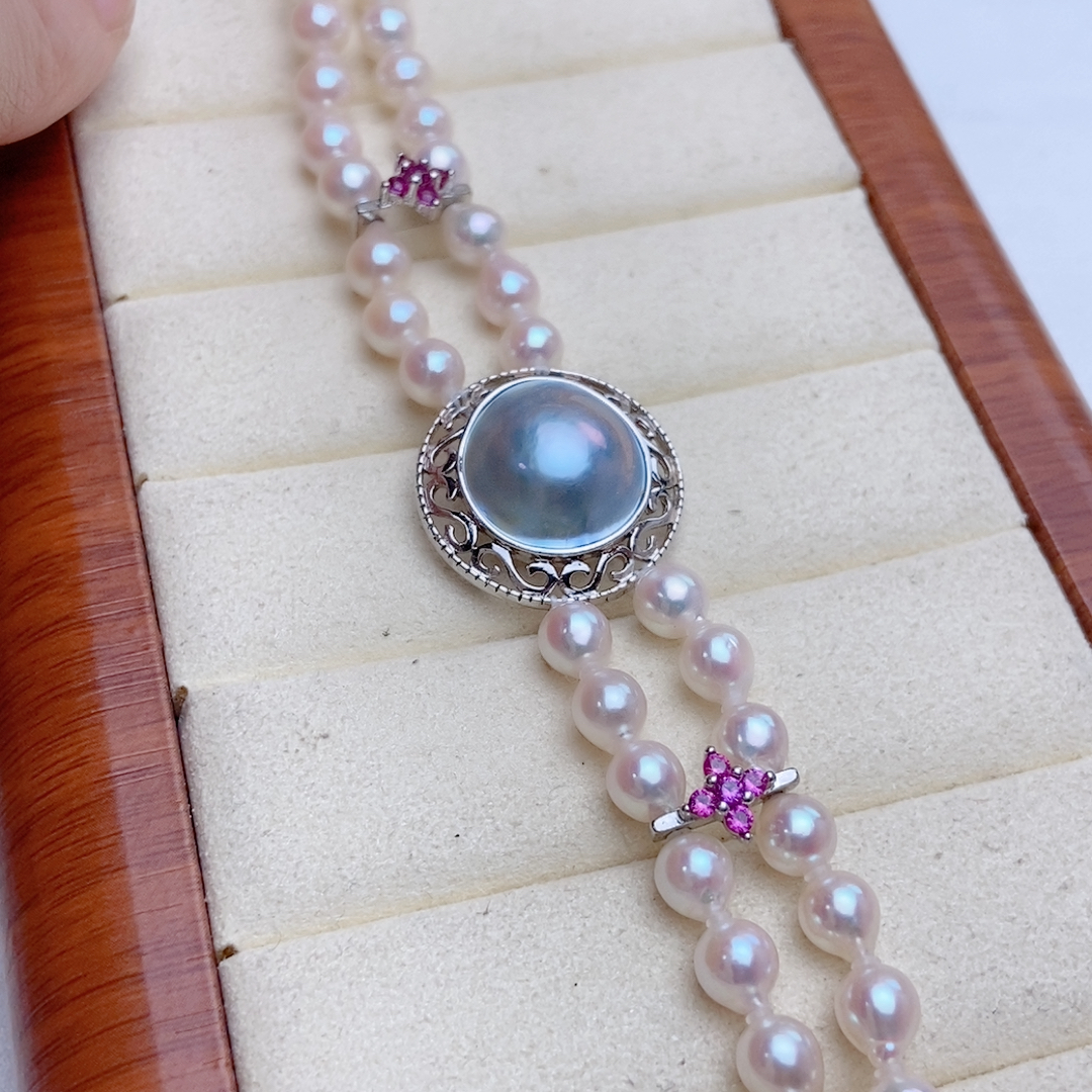 设计款海水马贝，日本akoya极光粉泡泡，双层手链